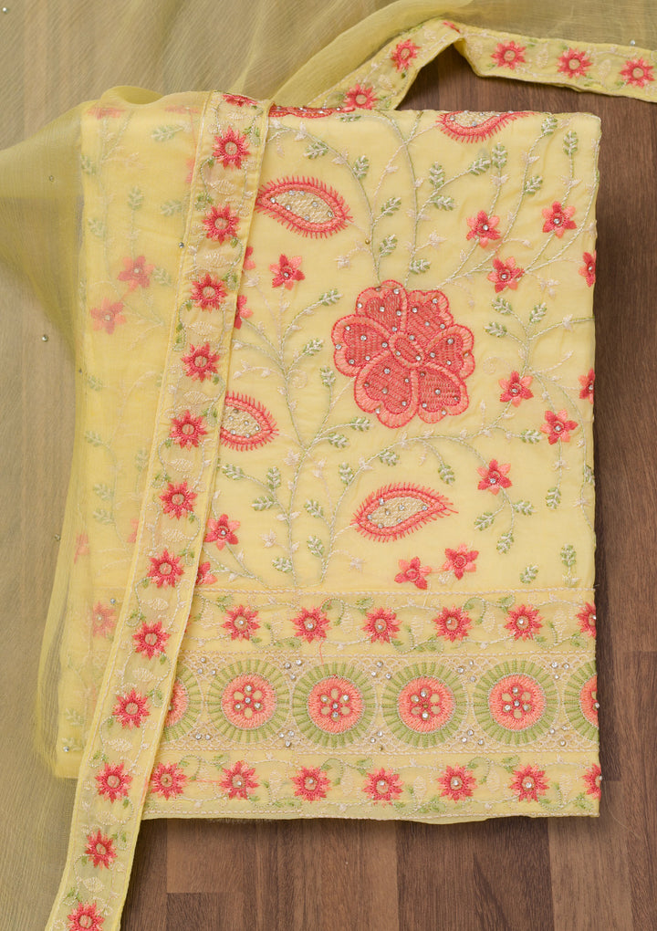 Yellow Threadwork Georgette Unstitched Salwar Suit