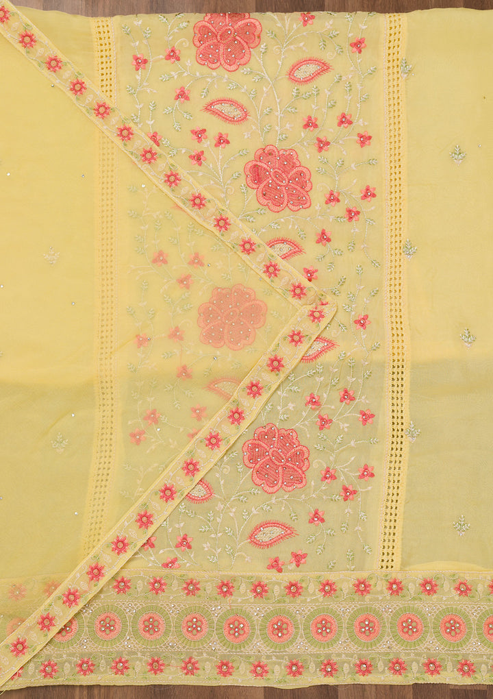 Yellow Threadwork Georgette Unstitched Salwar Suit