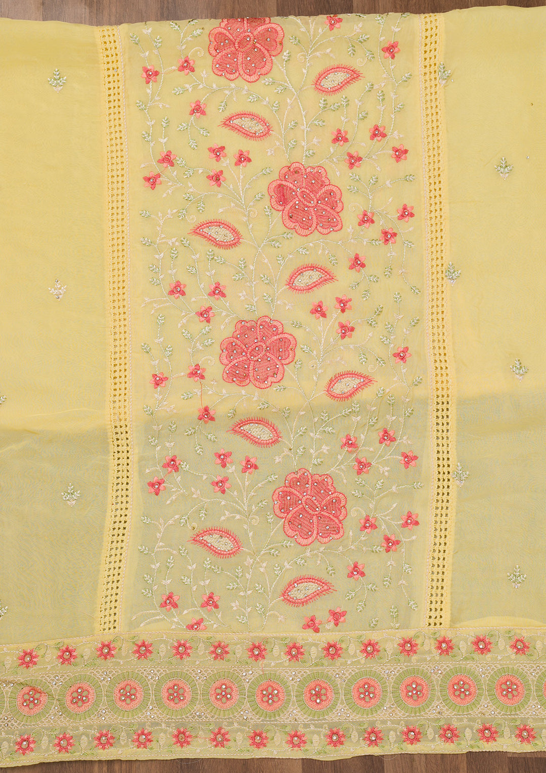 Yellow Threadwork Georgette Unstitched Salwar Suit