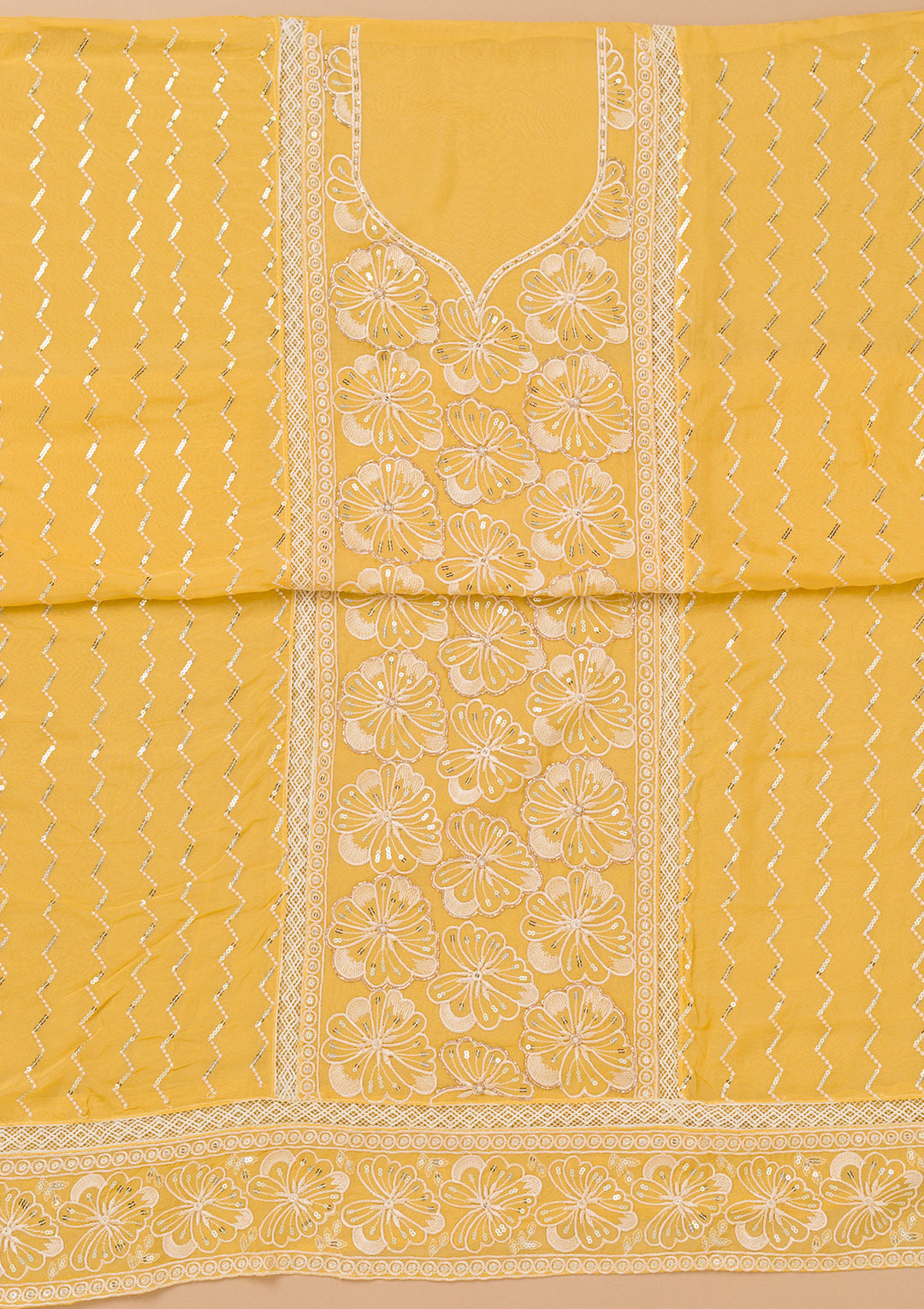 Yellow Threadwork Semi Crepe Unstitched Salwar Suit