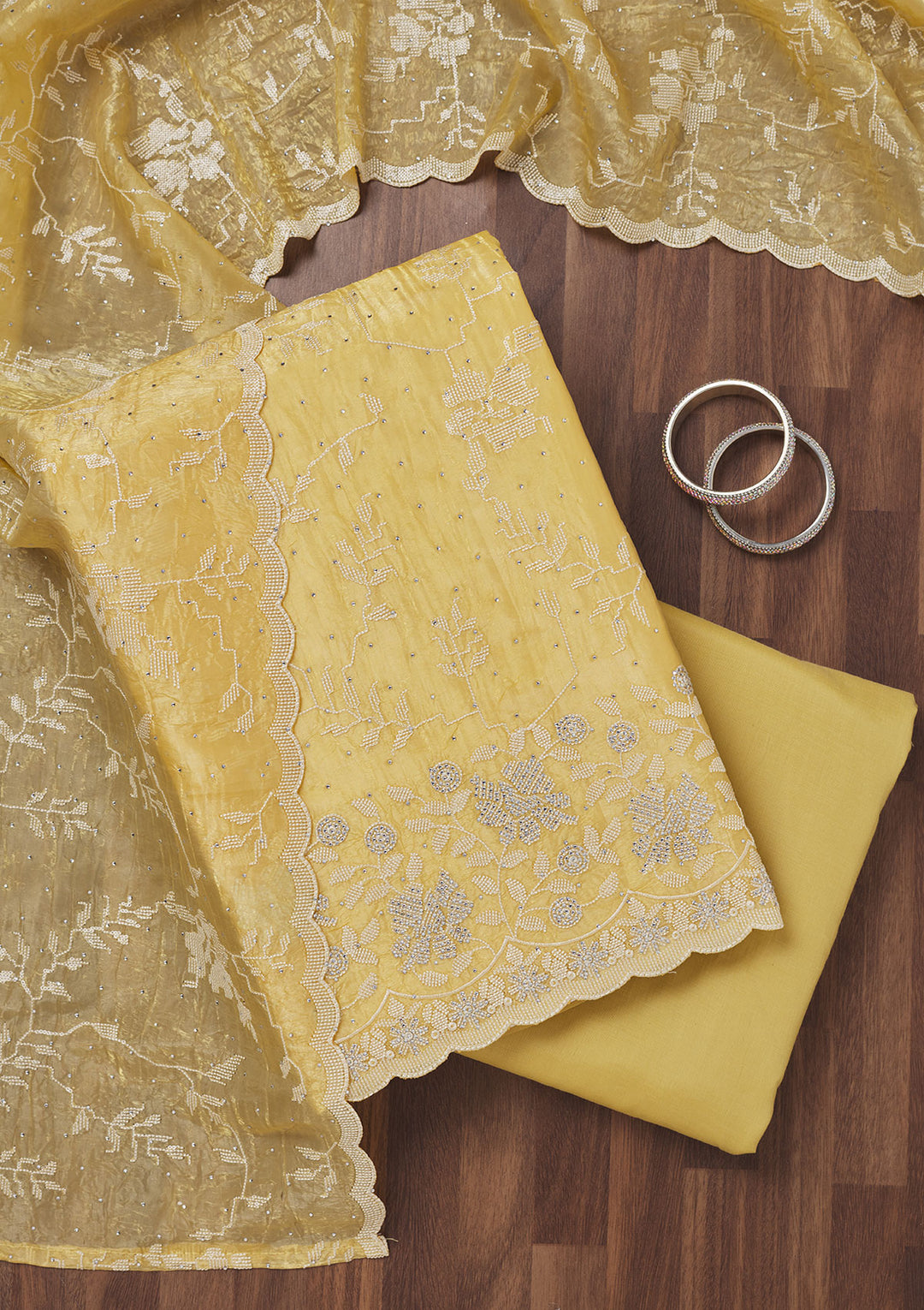 Yellow Threadwork Shimmer Unstitched Salwar Suit