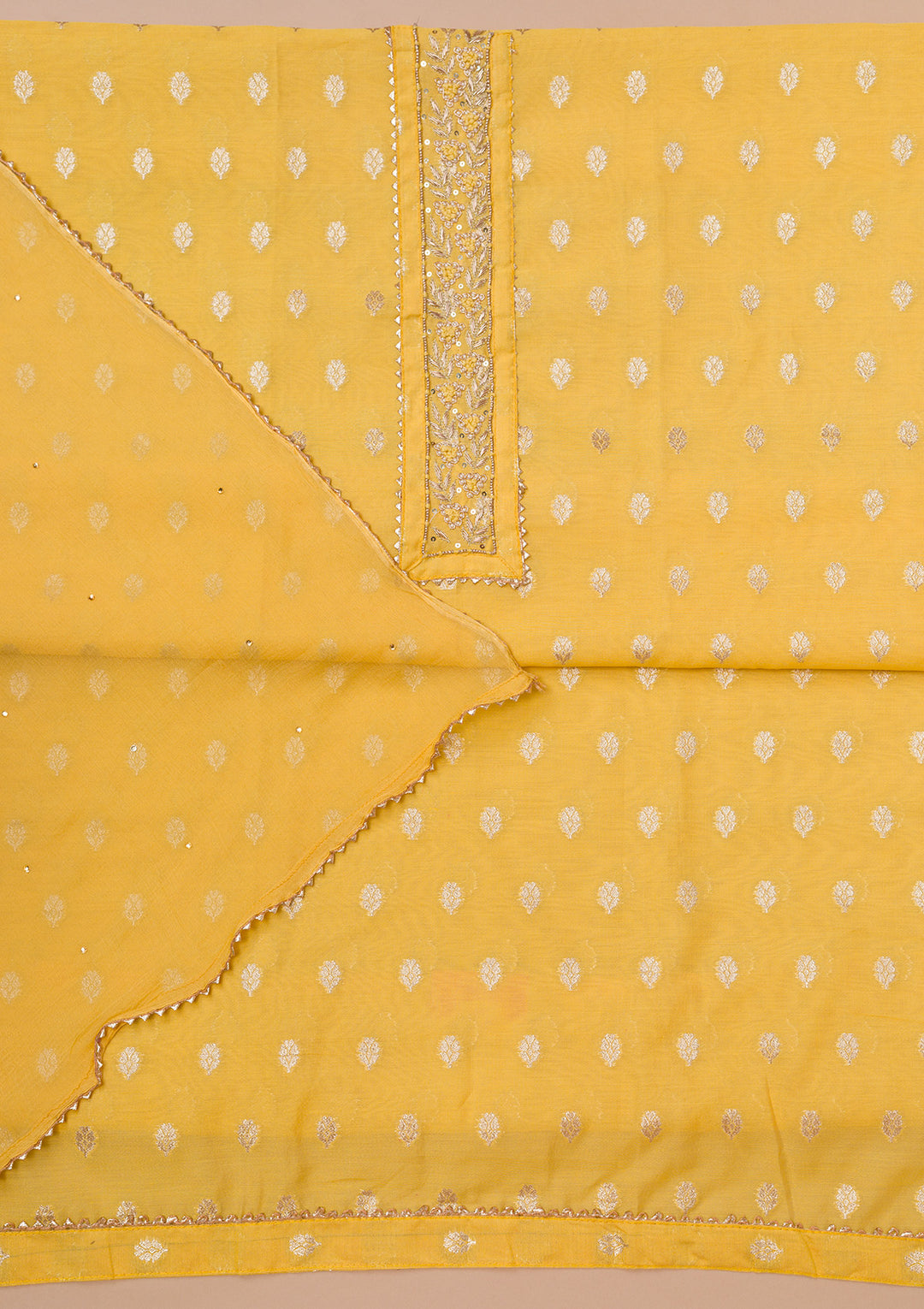 Yellow Zariwork Banarasi Silk Unstitched Salwar Suit