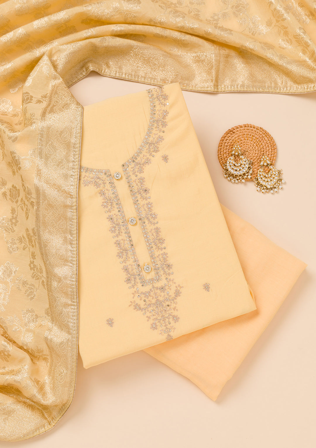 Yellow Zariwork Chanderi Unstitched Salwar Suit
