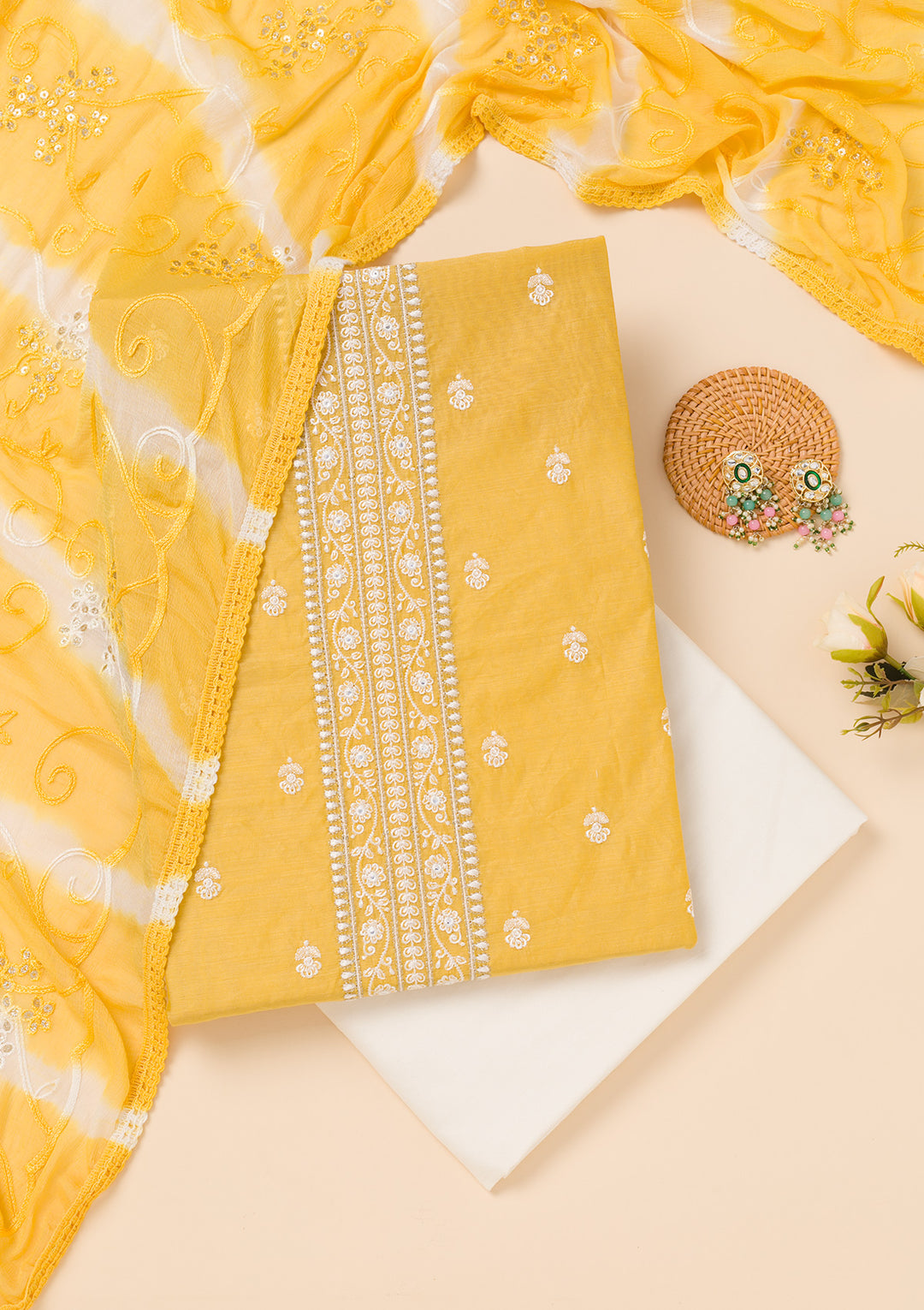 Yellow Zariwork Chanderi Unstitched Salwar Suit