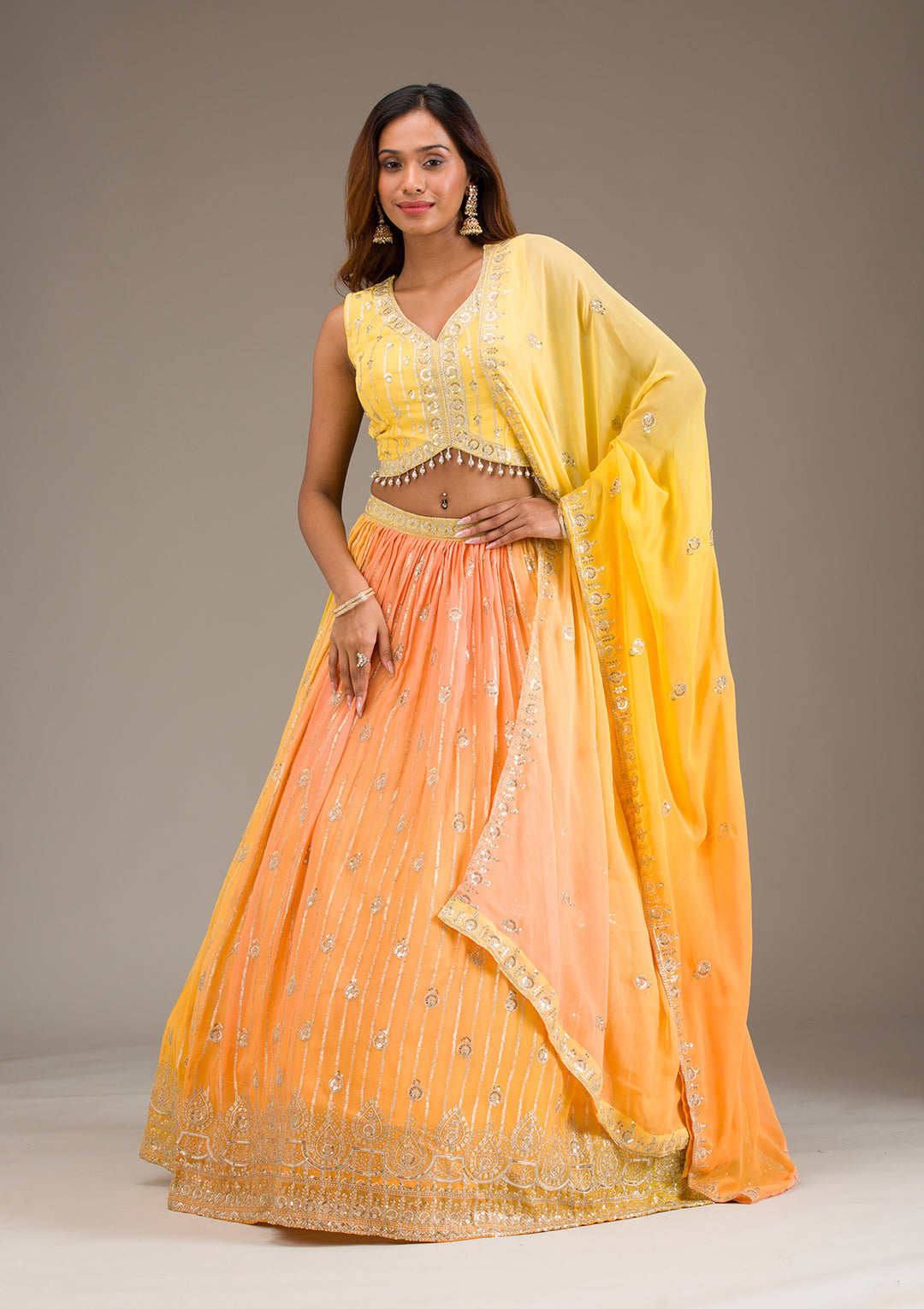 Yellow Zariwork Georgette Readymade Lehenga