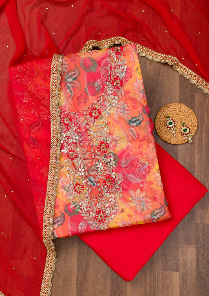 Yellow Zariwork Organza Unstitched Salwar Suit