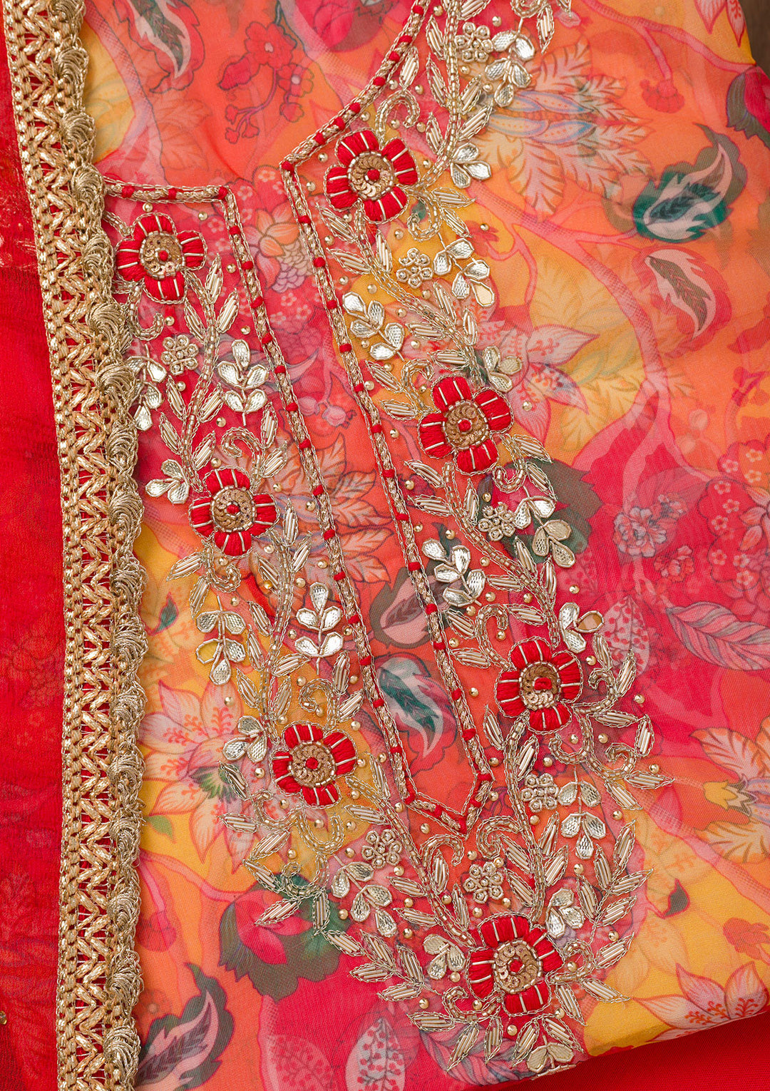 Yellow Zariwork Organza Unstitched Salwar Suit