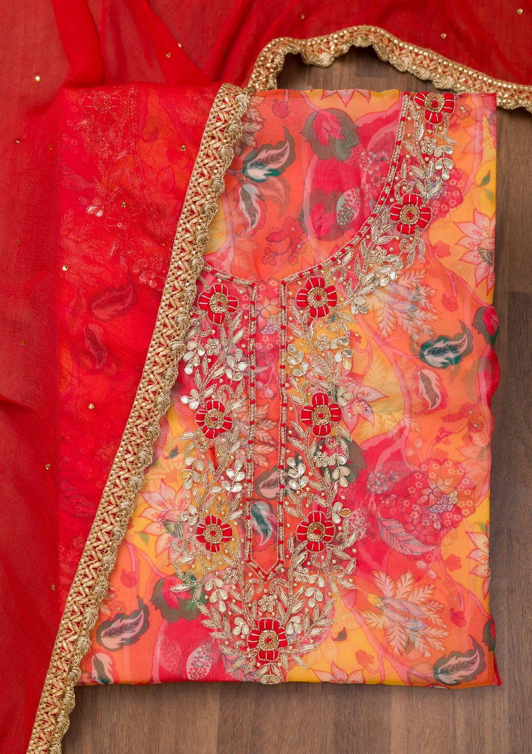 Yellow Zariwork Organza Unstitched Salwar Suit