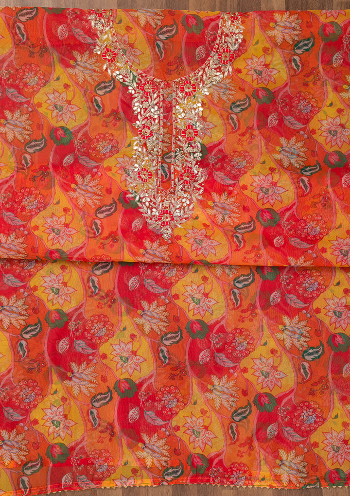 Yellow Zariwork Organza Unstitched Salwar Suit