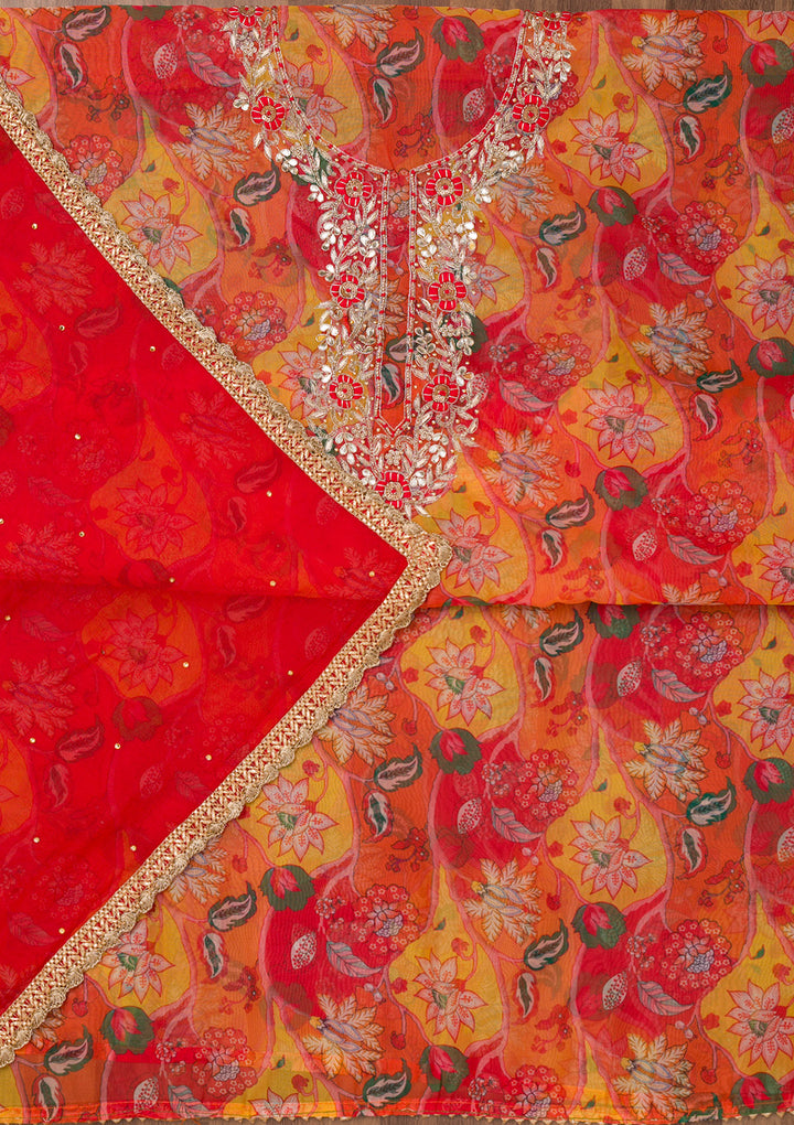 Yellow Zariwork Organza Unstitched Salwar Suit