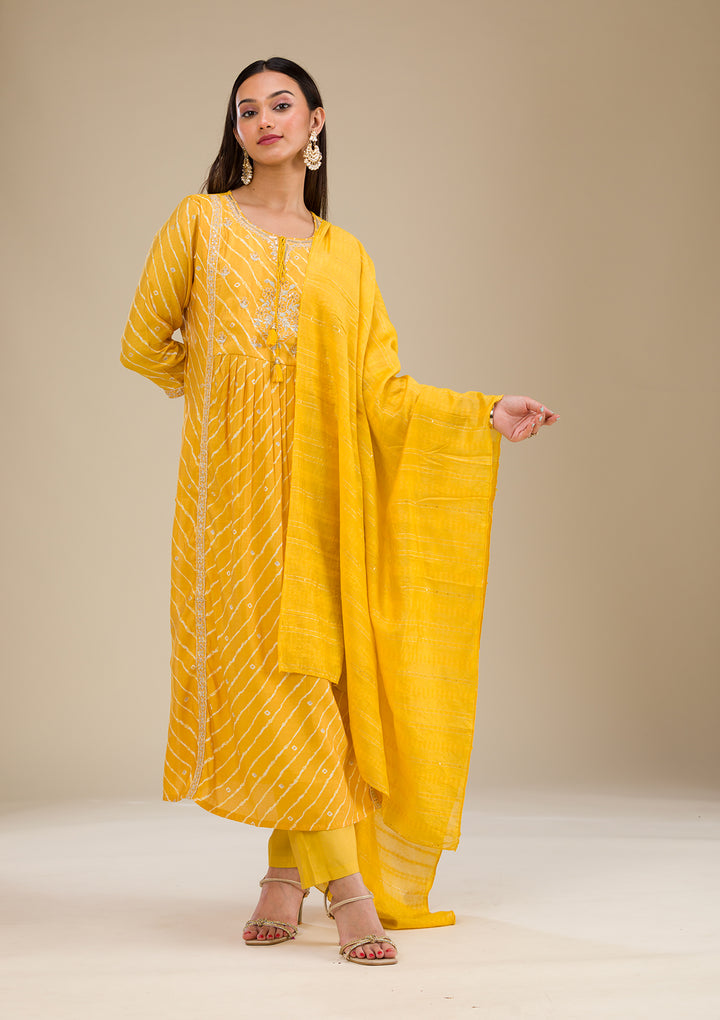 Yellow Zariwork Semi Crepe Readymade Salwar Suit