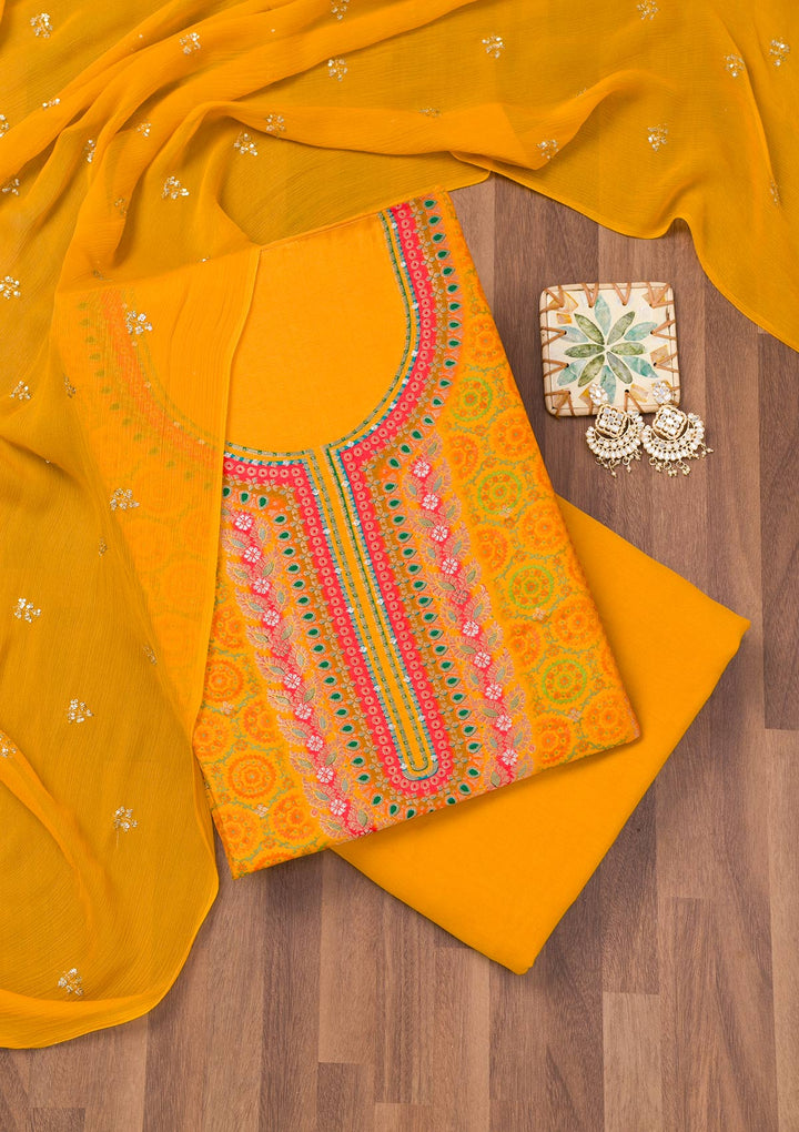 Yellow Zariwork Semi Crepe Unstitched Salwar Suit