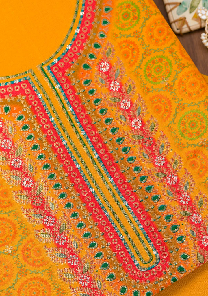 Yellow Zariwork Semi Crepe Unstitched Salwar Suit
