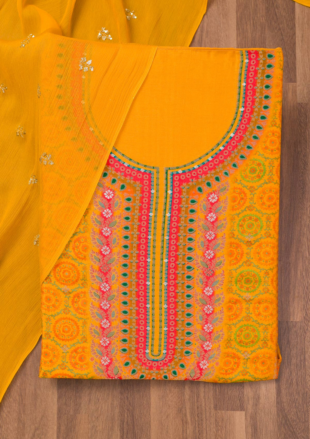 Yellow Zariwork Semi Crepe Unstitched Salwar Suit