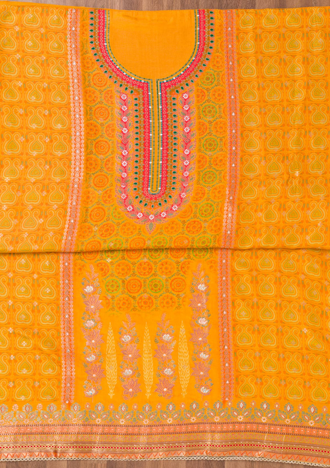 Yellow Zariwork Semi Crepe Unstitched Salwar Suit
