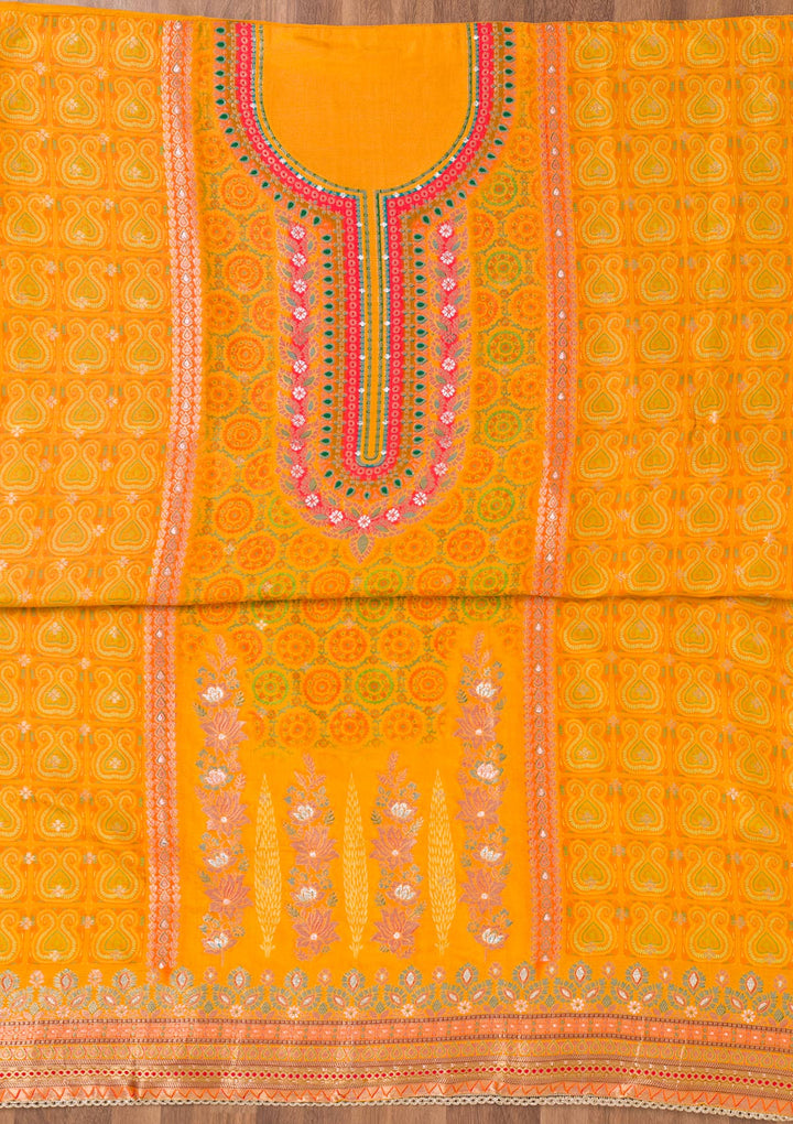 Yellow Zariwork Semi Crepe Unstitched Salwar Suit