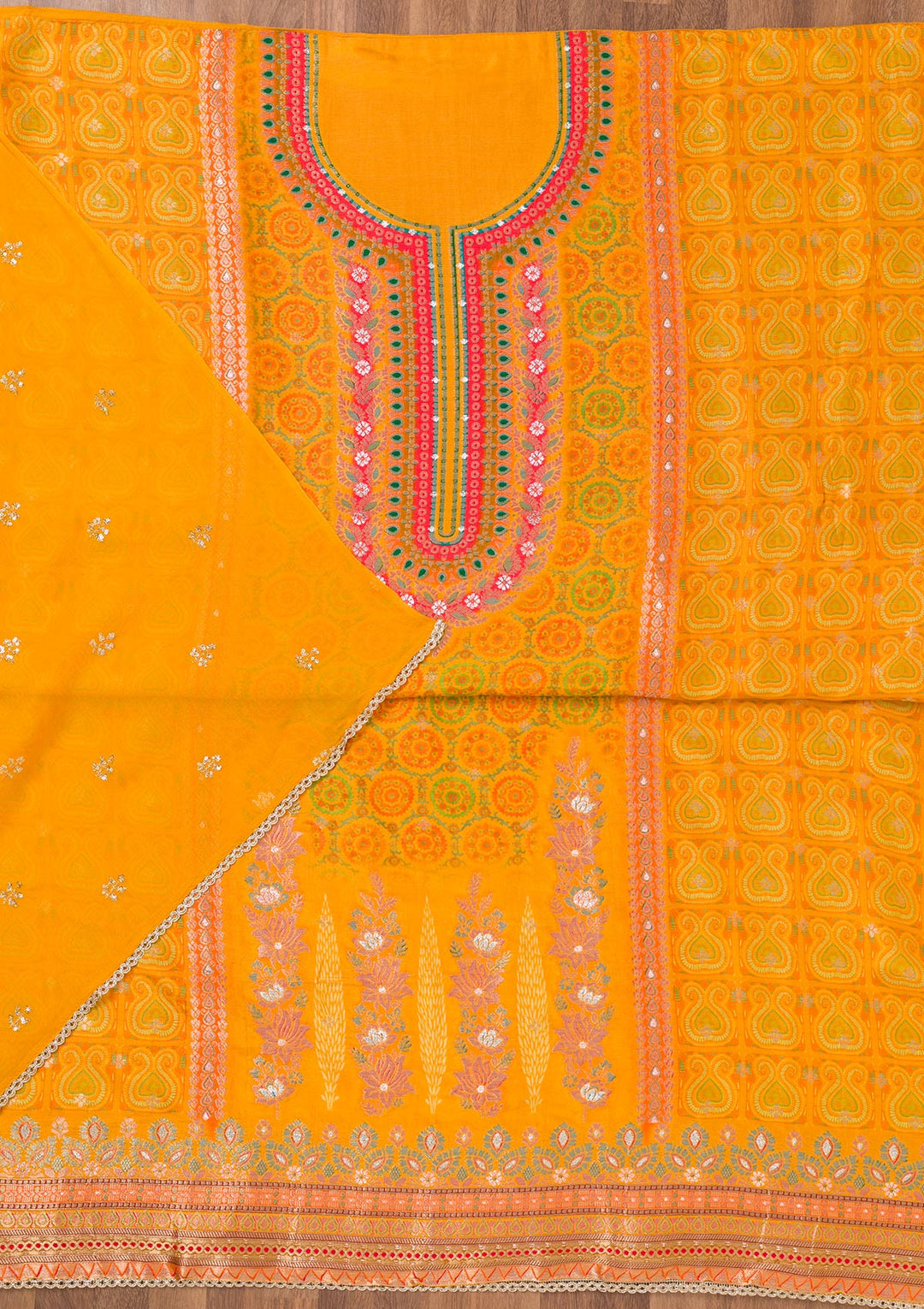 Yellow Zariwork Semi Crepe Unstitched Salwar Suit