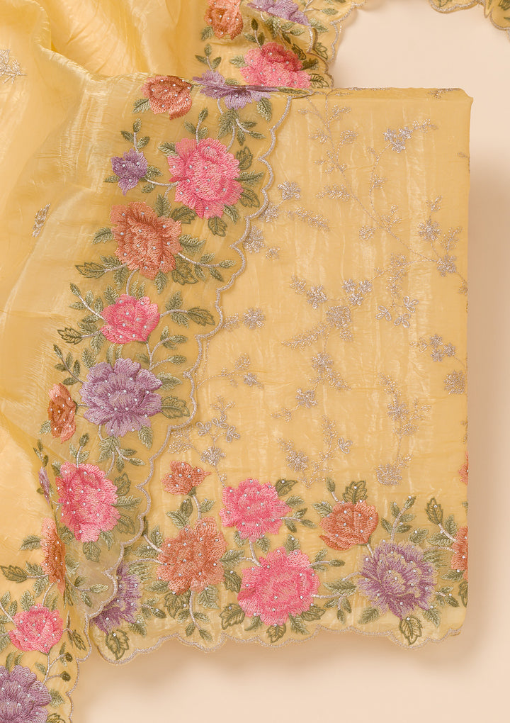 Yellow Zariwork Semi Crepe Unstitched Salwar Suit