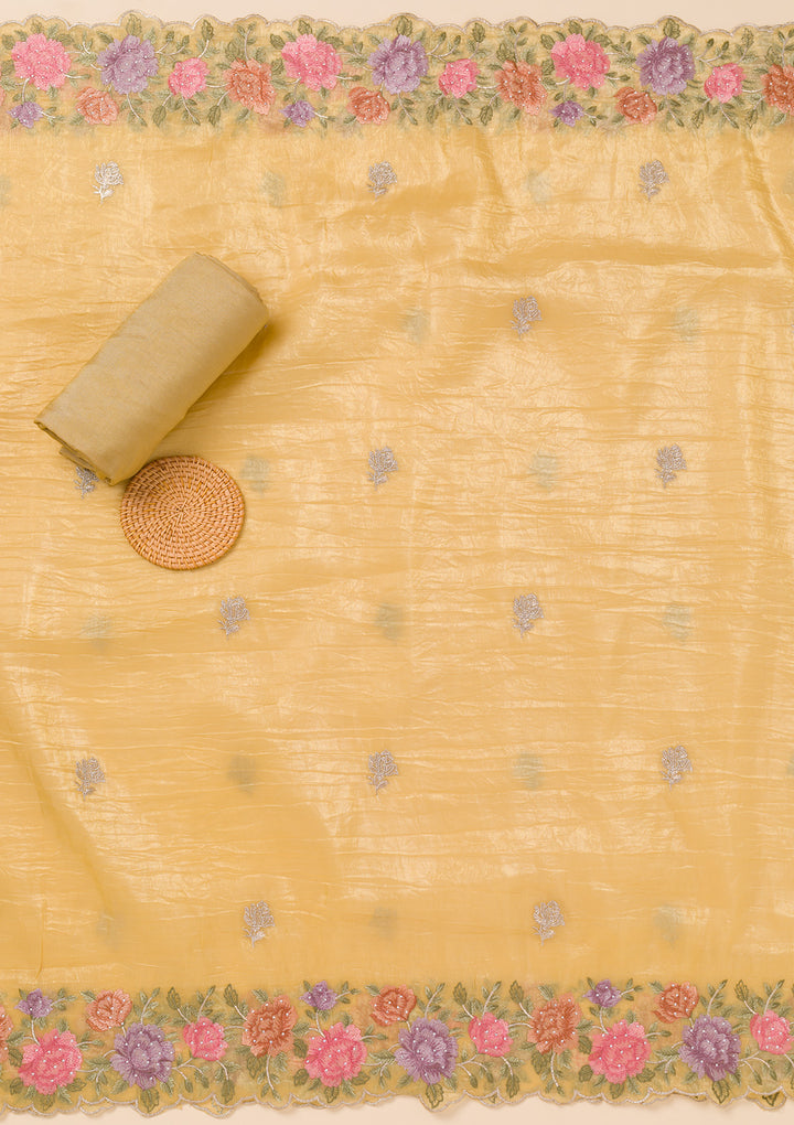 Yellow Zariwork Semi Crepe Unstitched Salwar Suit