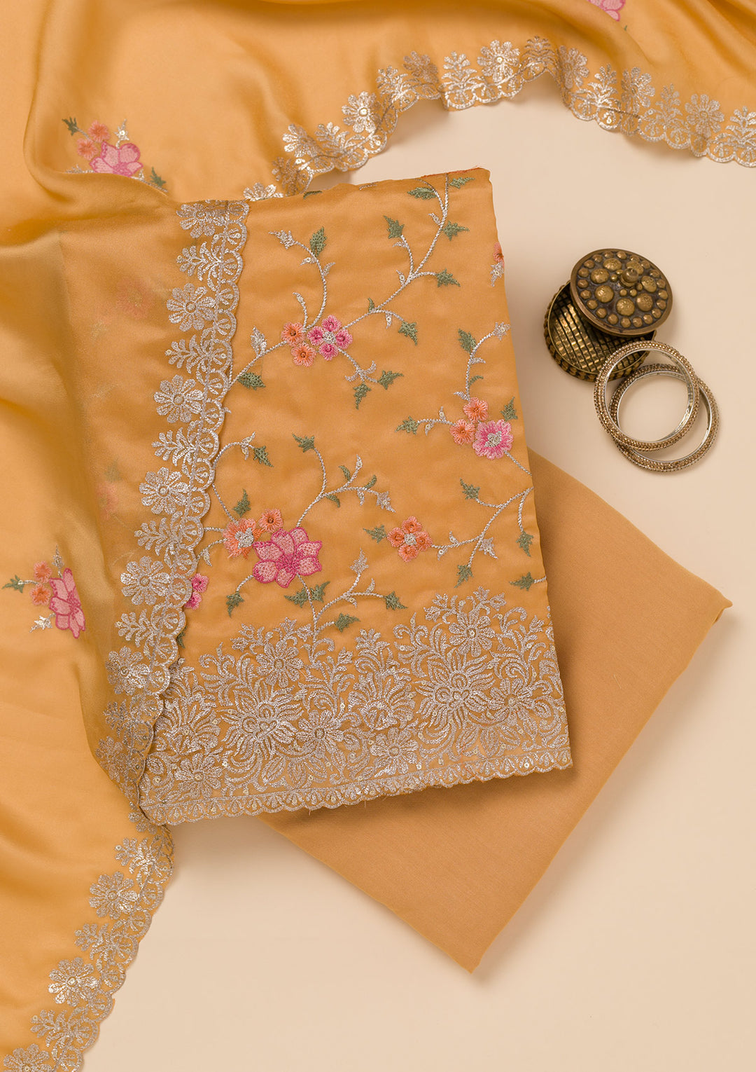 Yellow Zariwork Semi Crepe Unstitched Salwar Suit