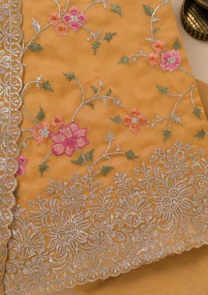 Yellow Zariwork Semi Crepe Unstitched Salwar Suit