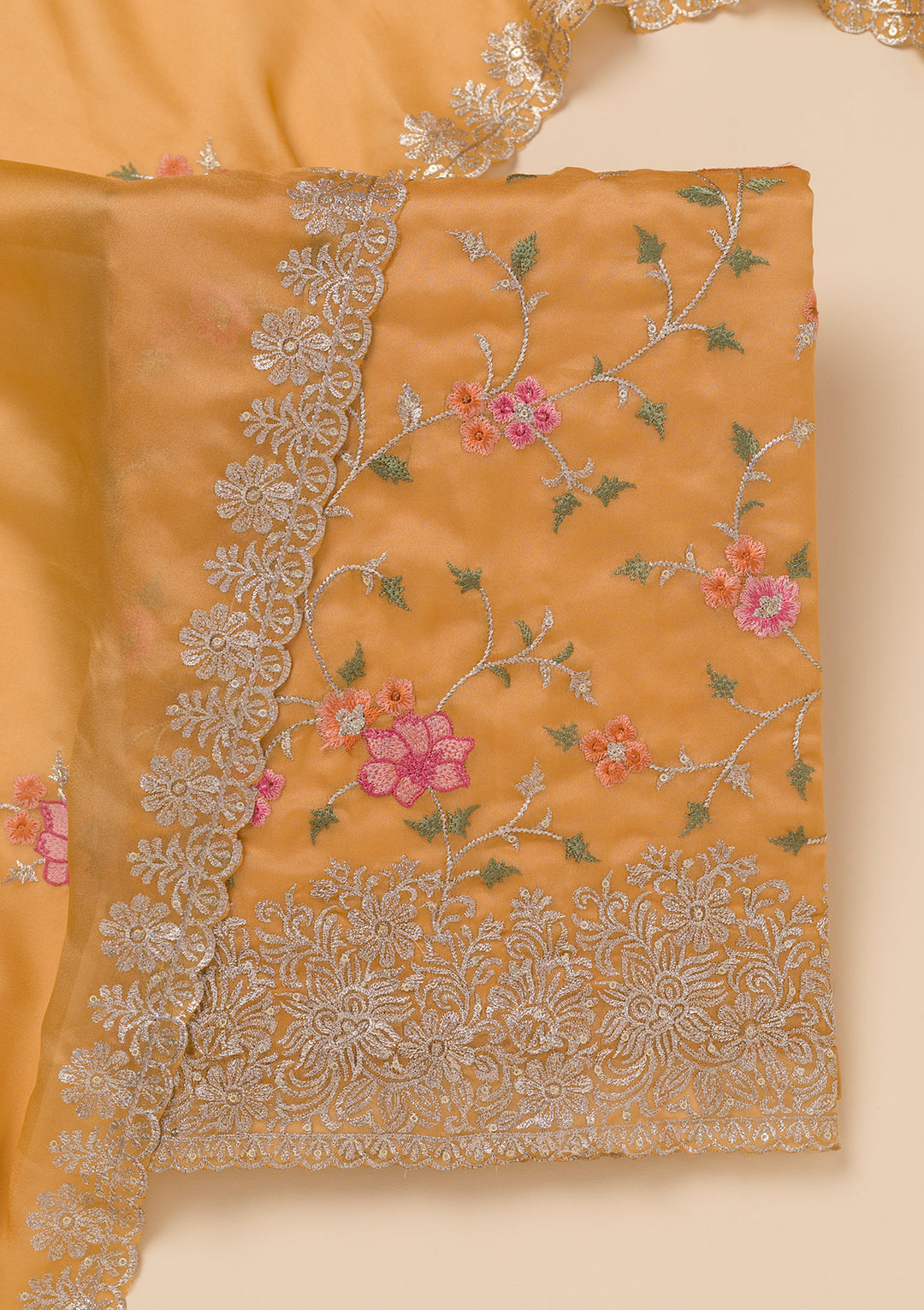 Yellow Zariwork Semi Crepe Unstitched Salwar Suit