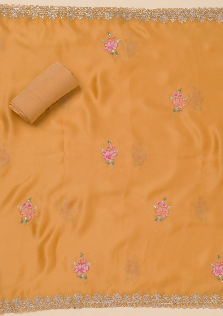 Yellow Zariwork Semi Crepe Unstitched Salwar Suit