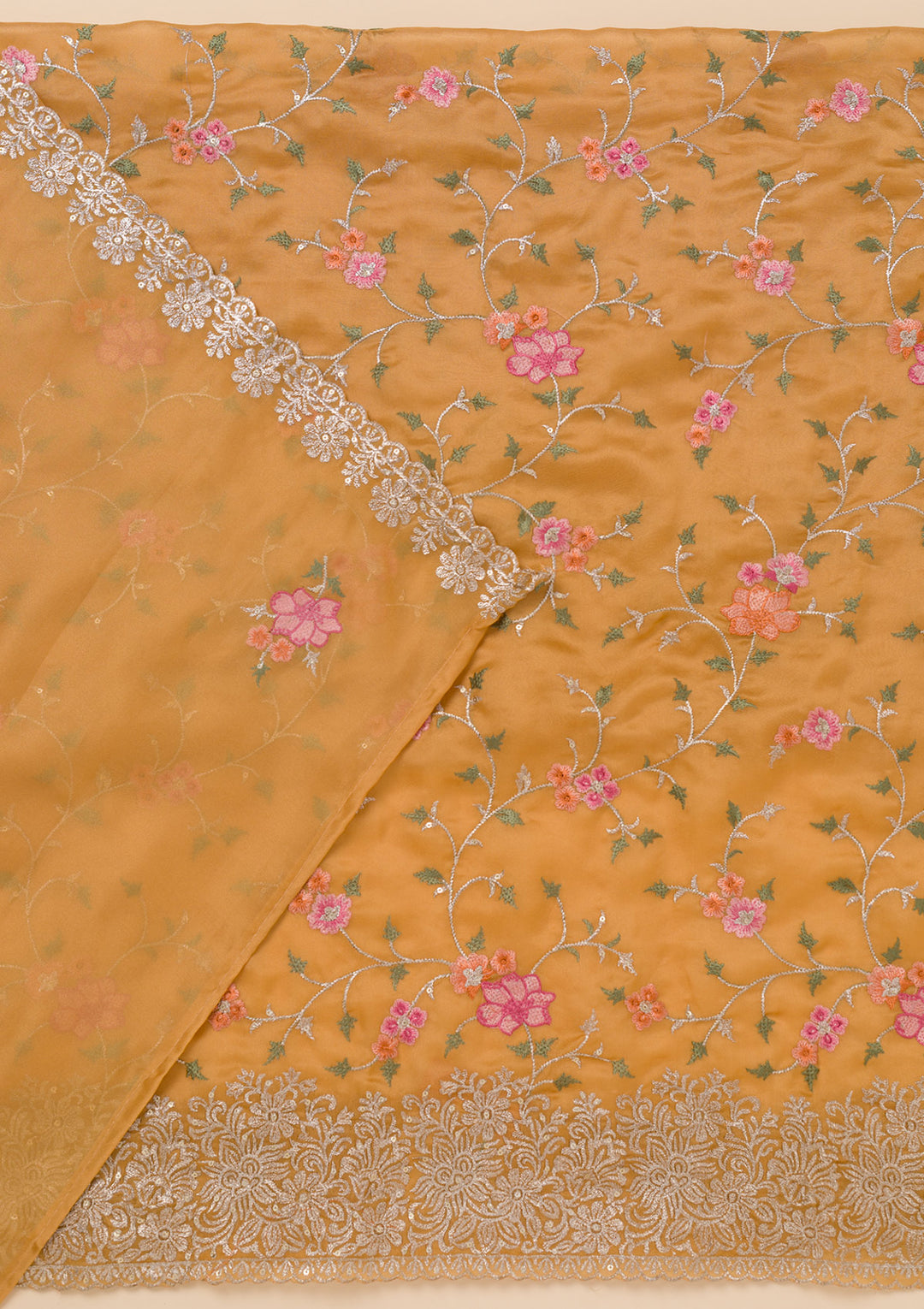 Yellow Zariwork Semi Crepe Unstitched Salwar Suit