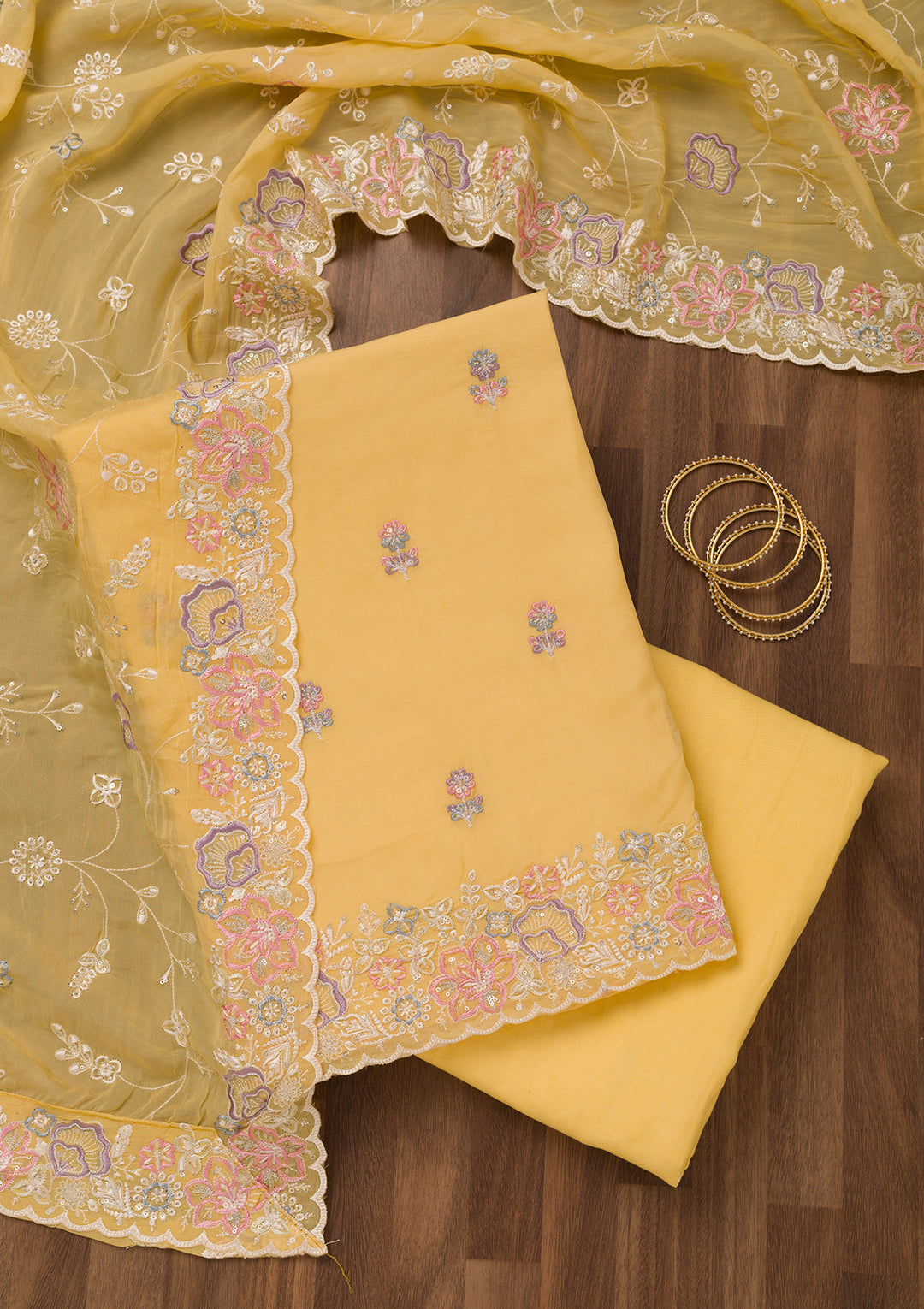 Yellow Zariwork Semi Crepe Unstitched Salwar Suit