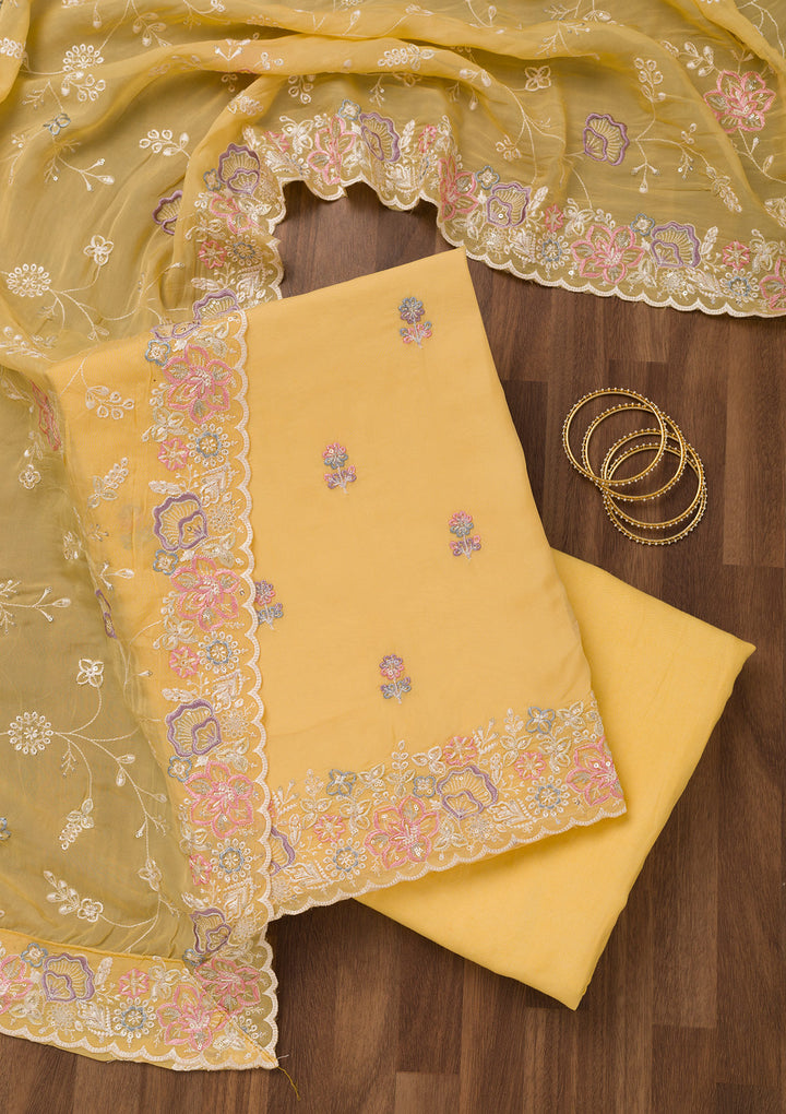 Yellow Zariwork Semi Crepe Unstitched Salwar Suit