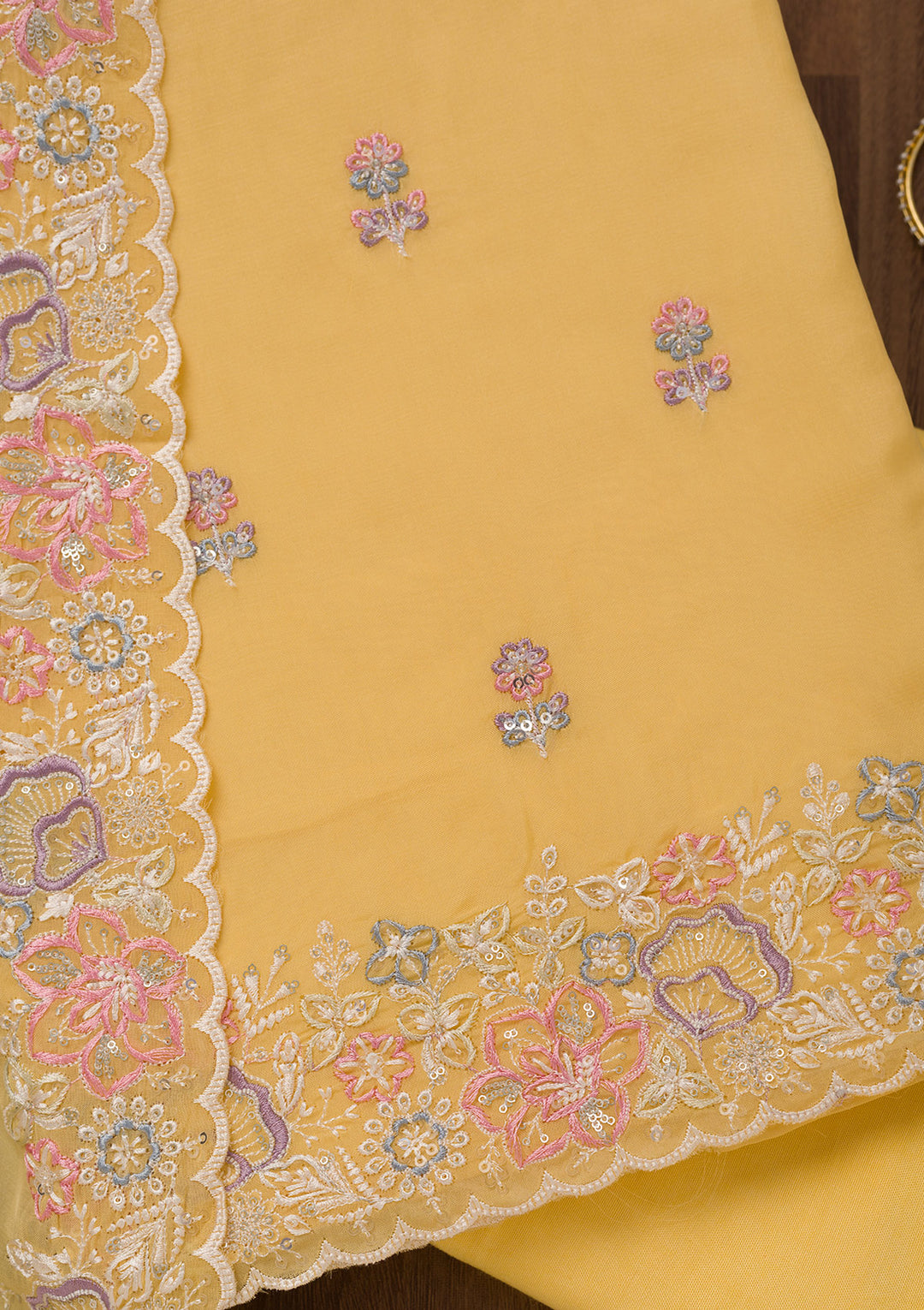 Yellow Zariwork Semi Crepe Unstitched Salwar Suit