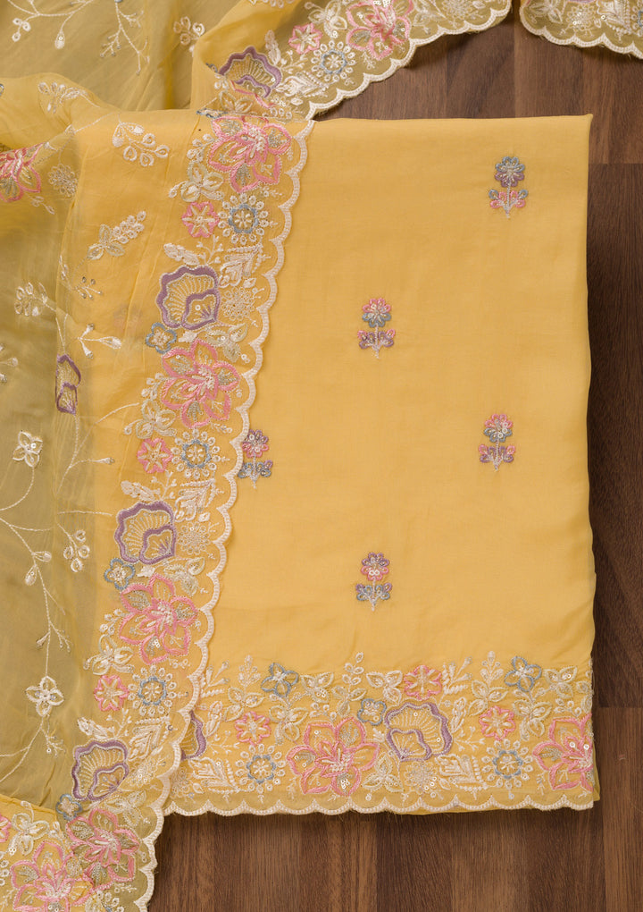 Yellow Zariwork Semi Crepe Unstitched Salwar Suit