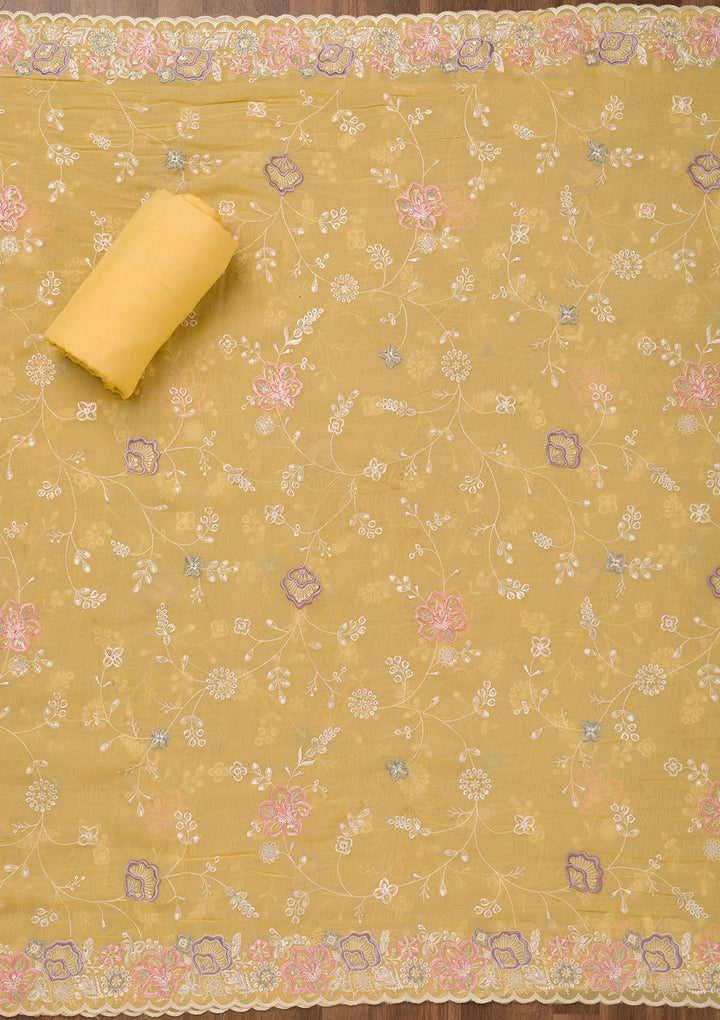 Yellow Zariwork Semi Crepe Unstitched Salwar Suit