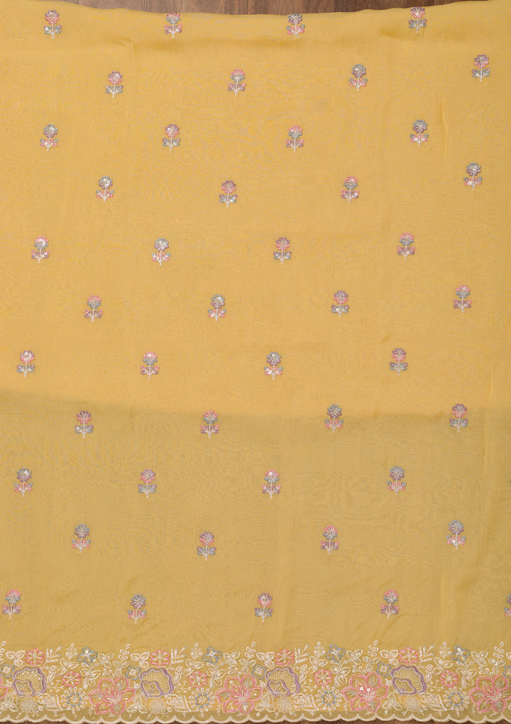 Yellow Zariwork Semi Crepe Unstitched Salwar Suit