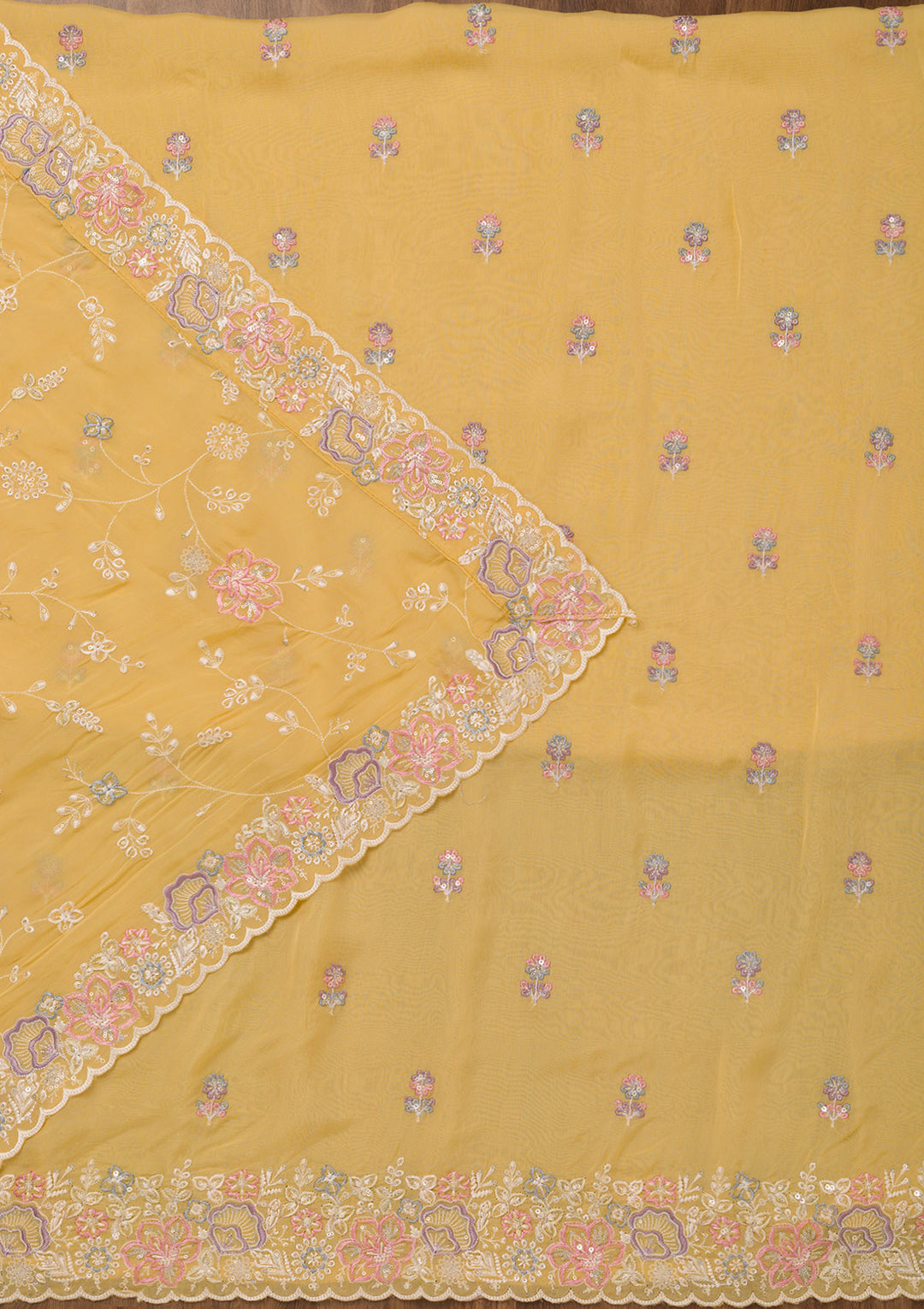 Yellow Zariwork Semi Crepe Unstitched Salwar Suit