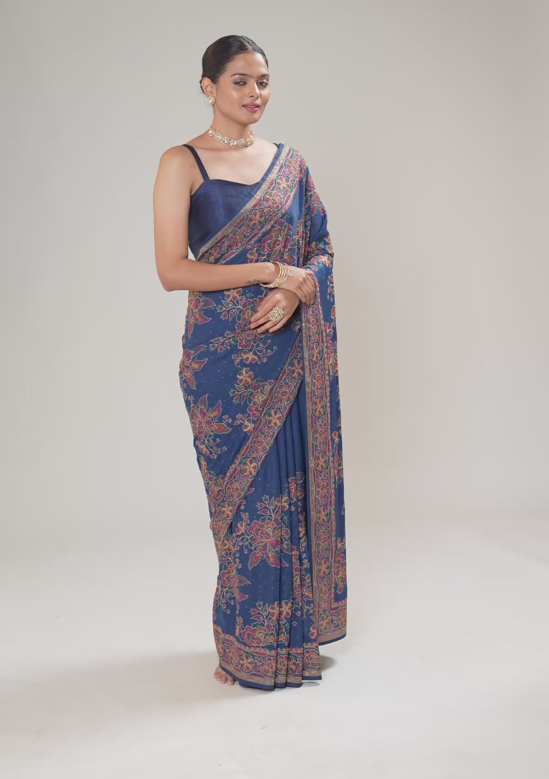 Navy Blue Threadwork Tissue Saree