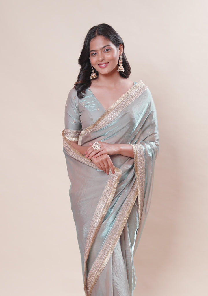 Sky Blue Threadwork Tissue Saree