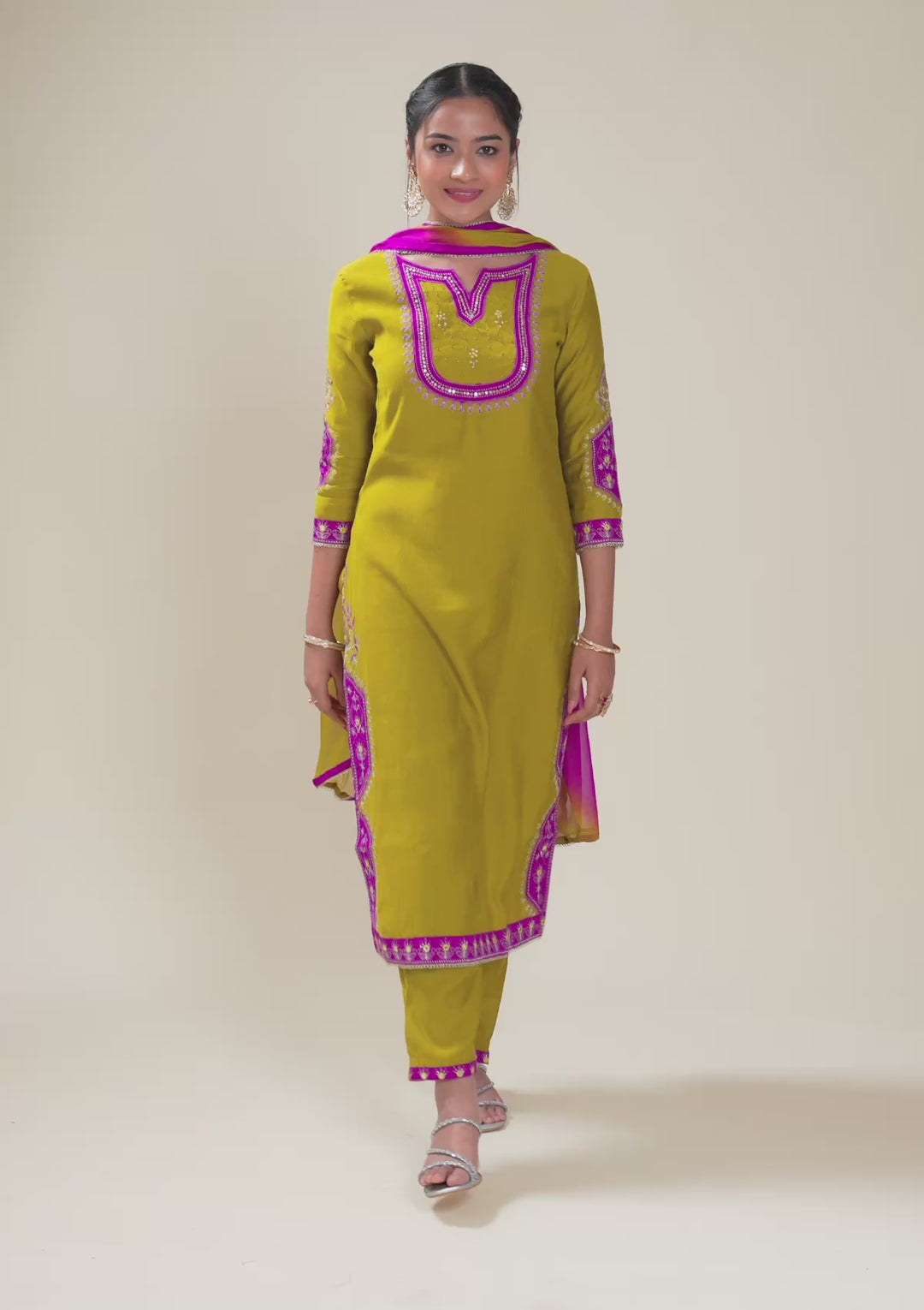 Mehendi Threadwork Chiffon Readymade Salwar Suit