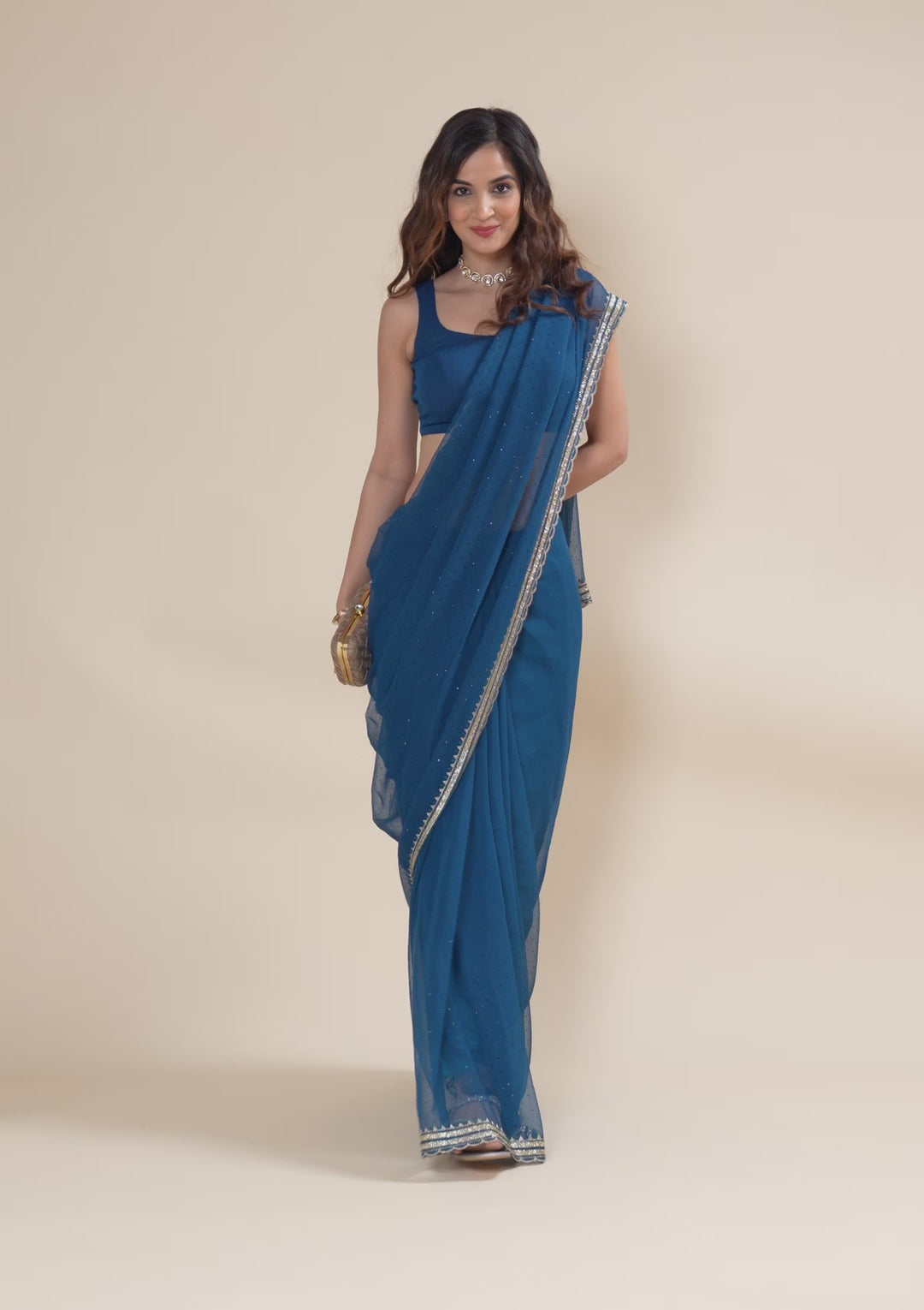 Peacock Blue Stonework Chiffon Saree