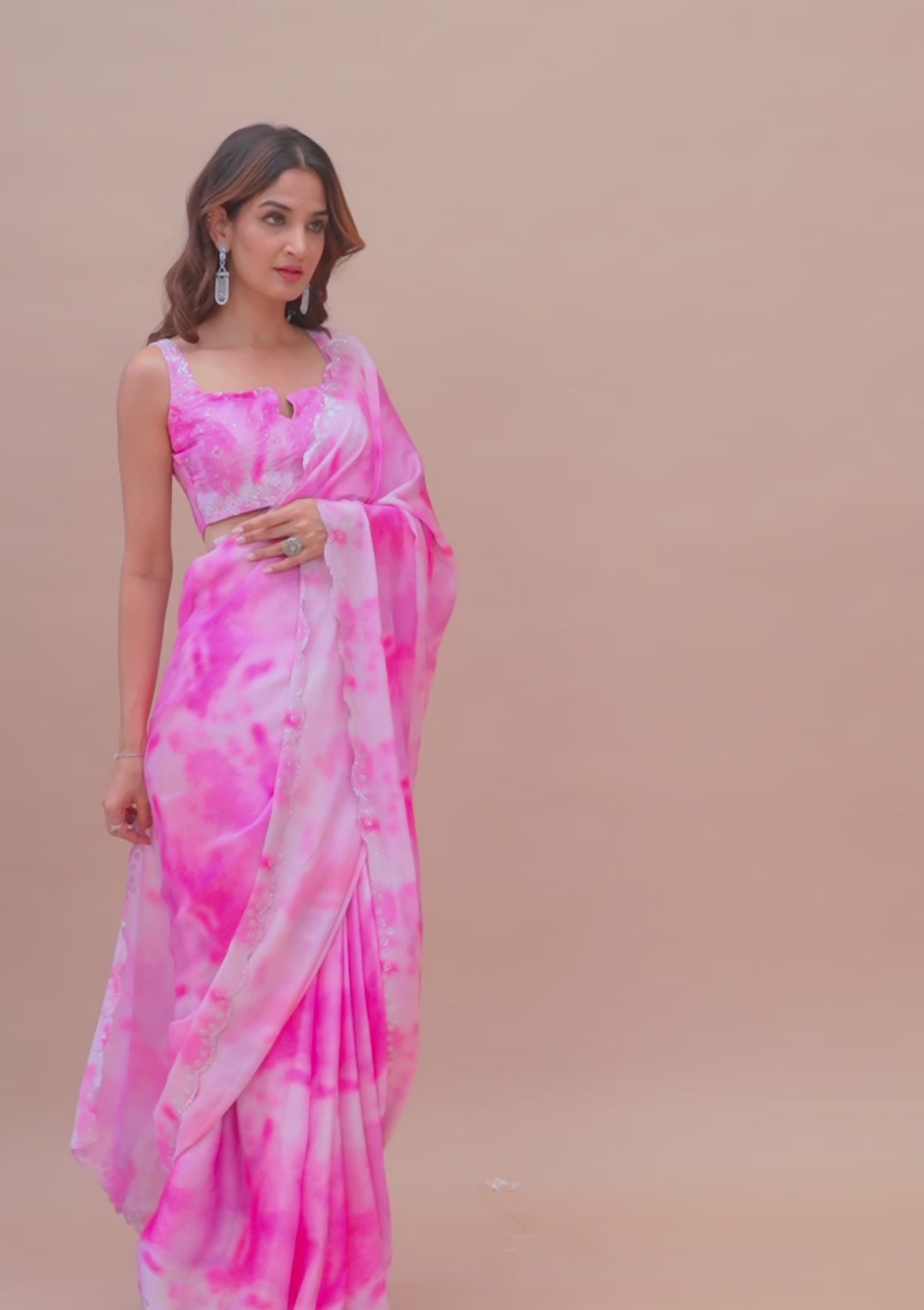 Pink Printed Satin Saree