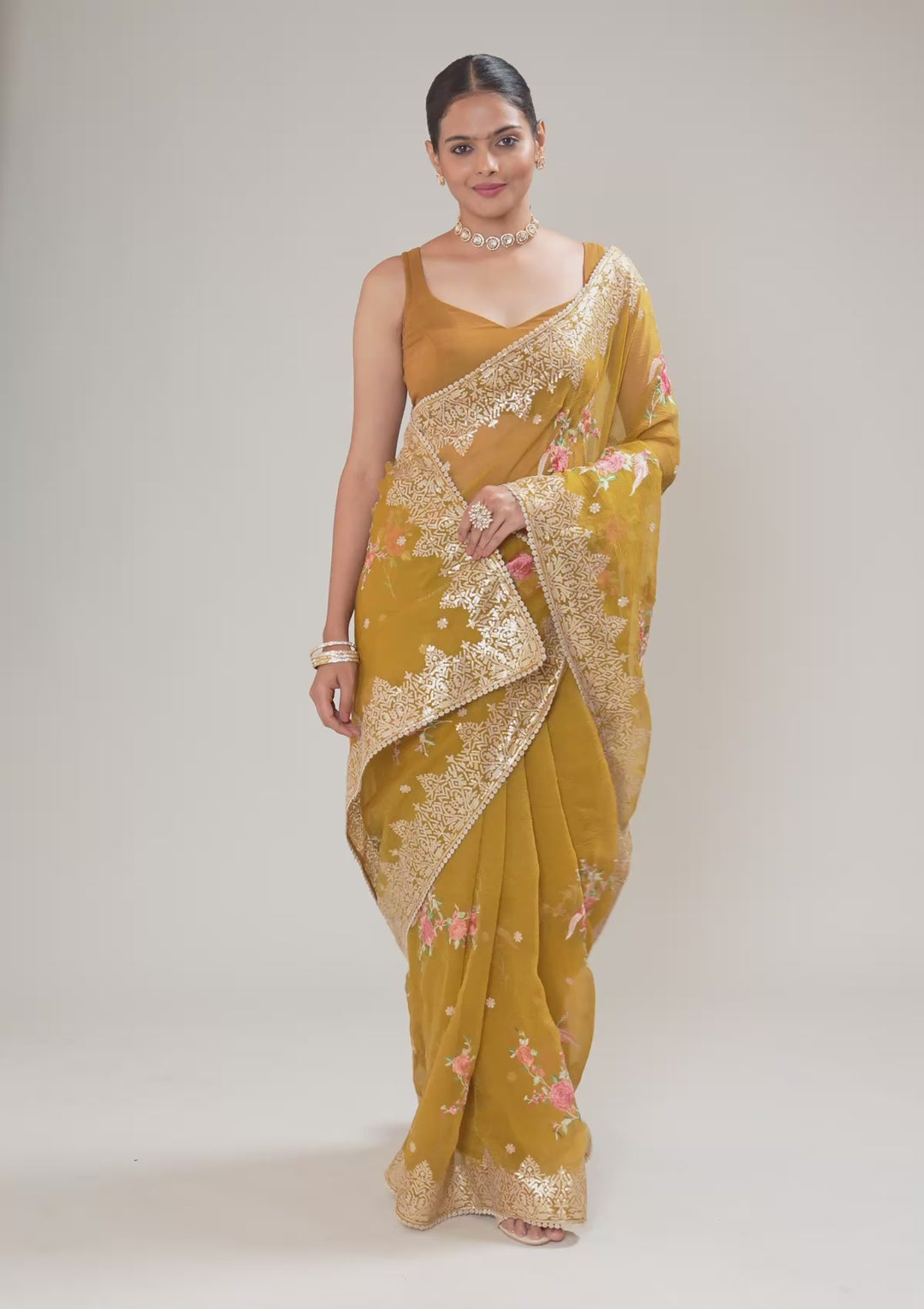 Mustard Sequins Tissue Saree