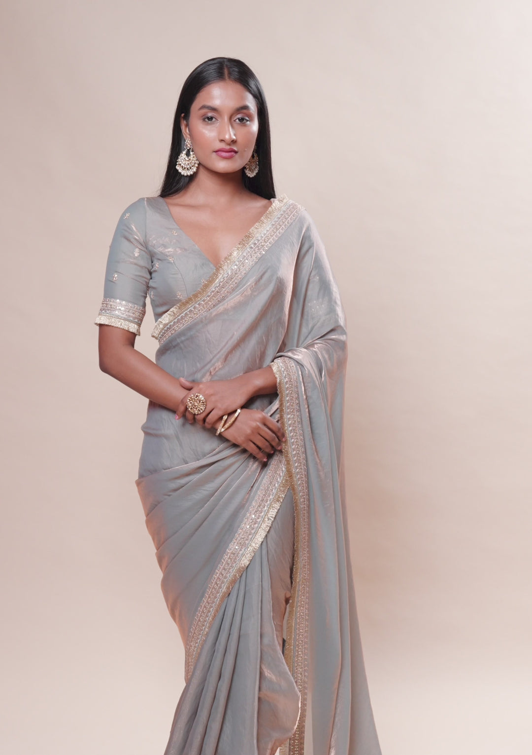 Grey Threadwork Tissue Saree