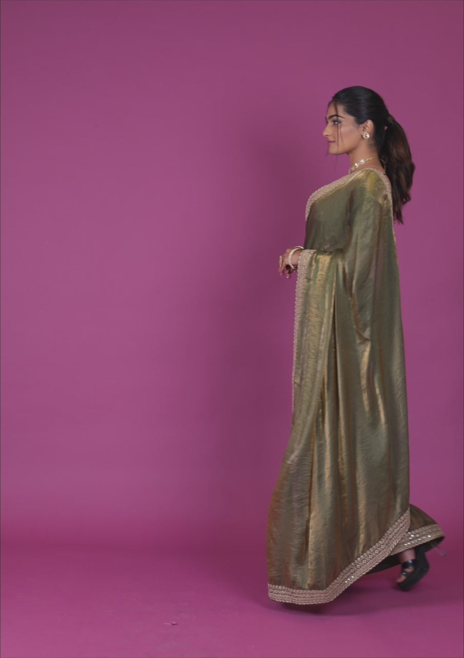 Rama Green Threadwork Tissue Saree