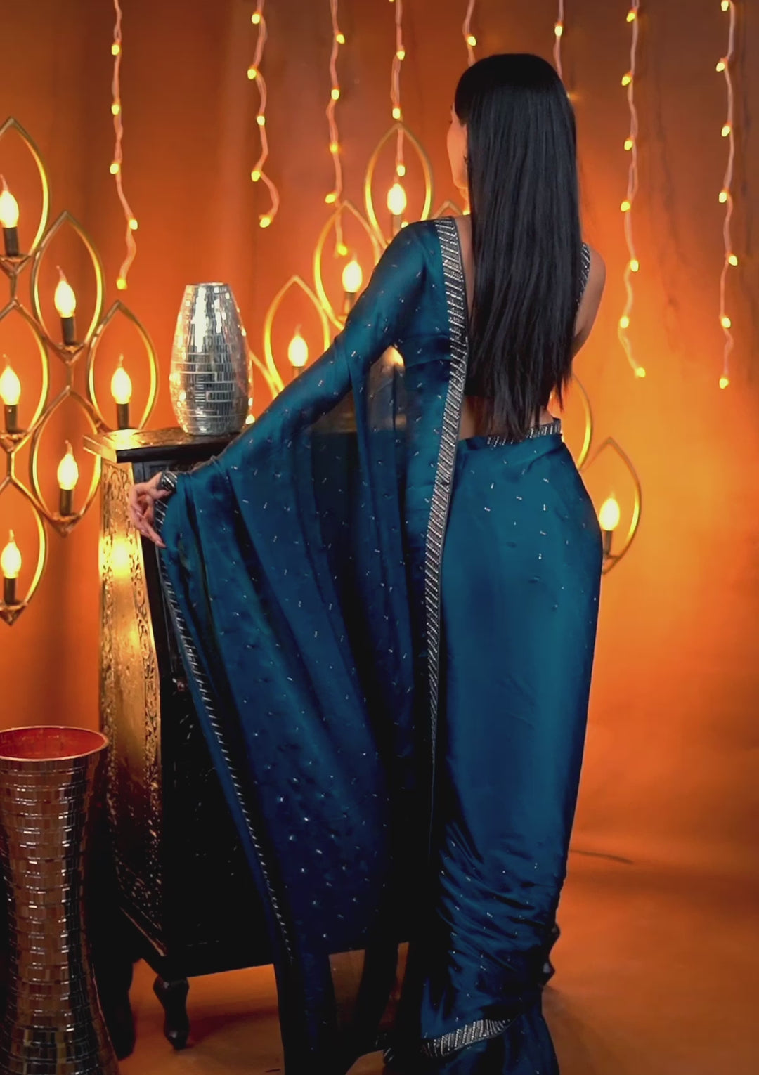 Peacock Blue Swarovski Semi Crepe Designer Saree