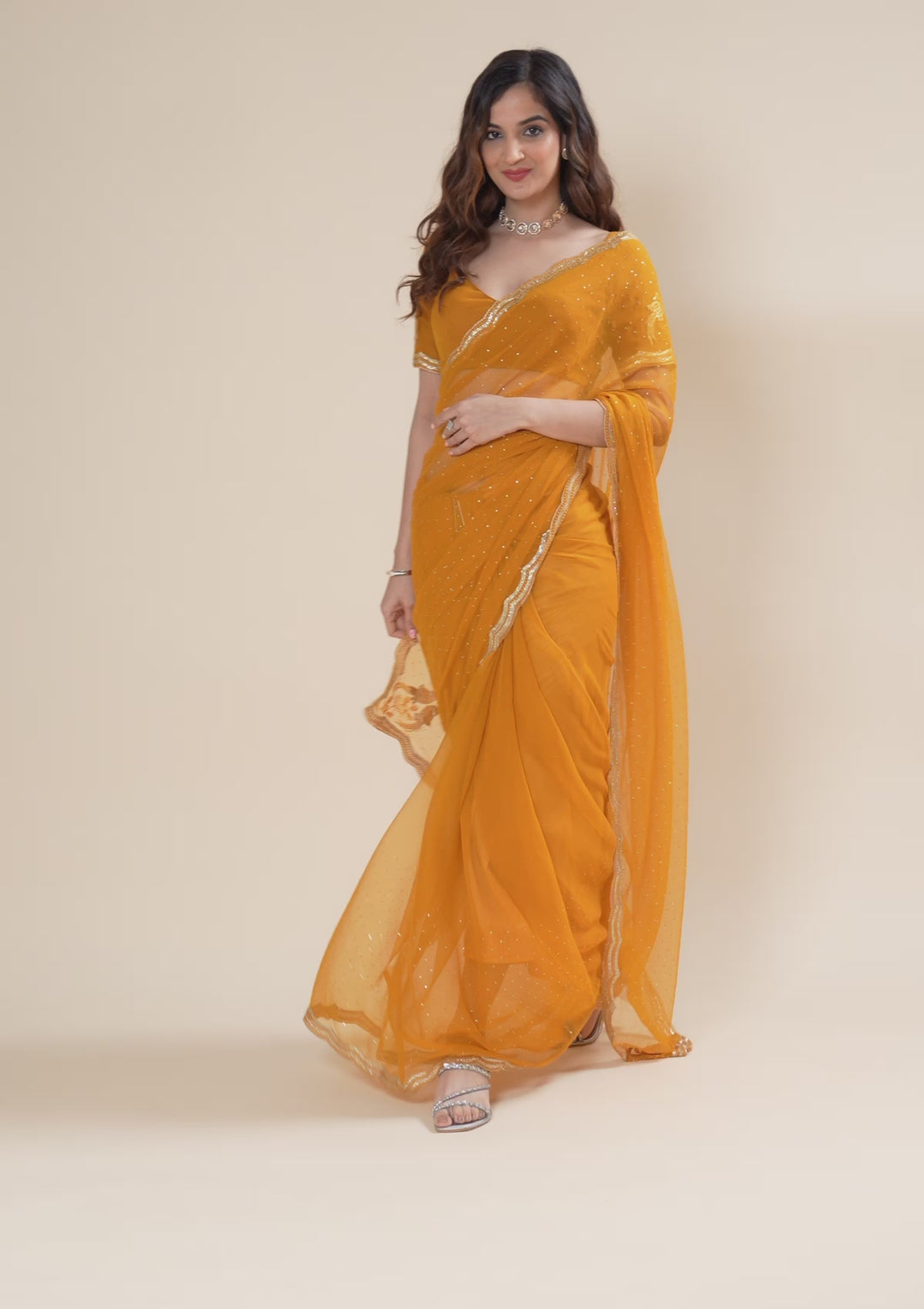Mustard Stonework Chiffon Saree