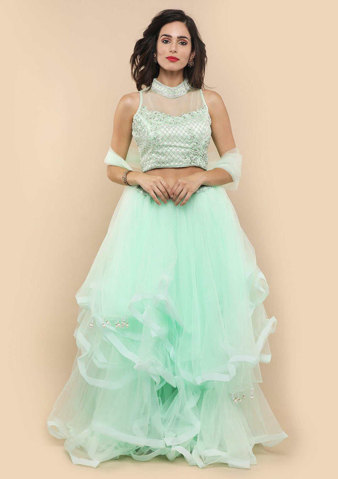 Pista Embellished Tiered Net Designer Lehenga-Koskii