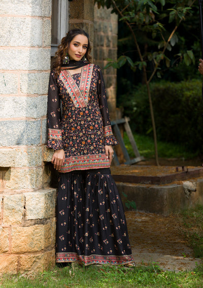 Black Printed Georgette Readymade Salwar Suit-Koskii