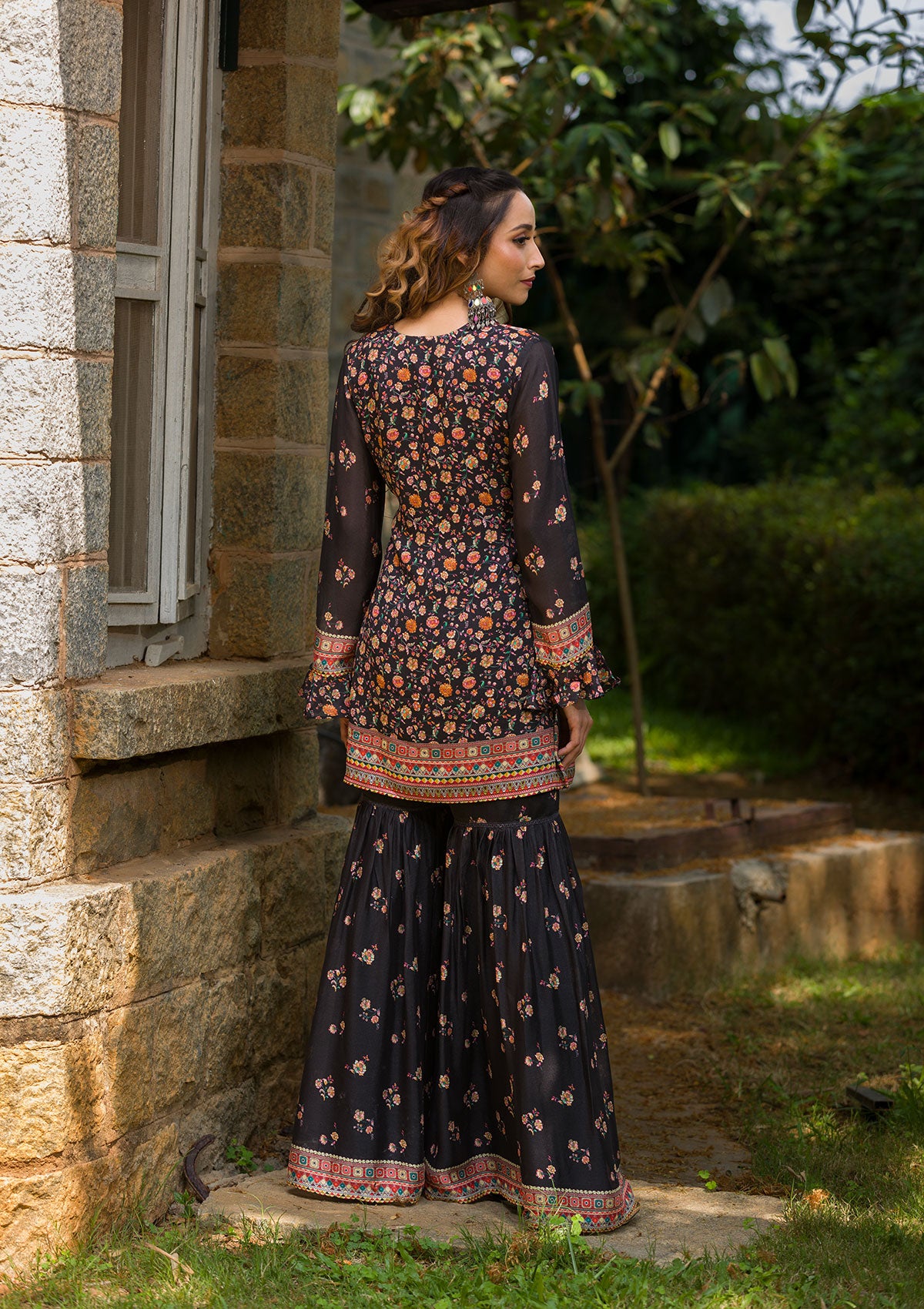 Black Printed Georgette Readymade Salwar Suit-Koskii