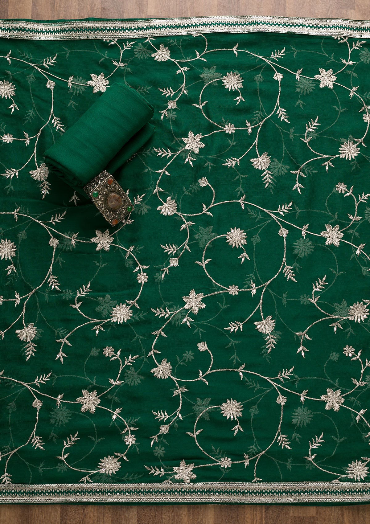 Bottle Green Swarovski Georgette Unstitched Salwar Suit-Koskii