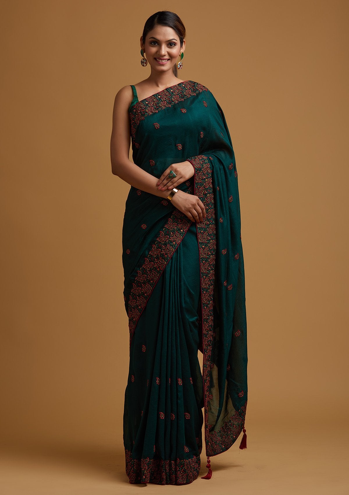 Buy Bottle Green Threadwork Soft Silk Saree Koskii